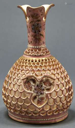 A Zsolnay honeycomb reticulated, double walled vase, designe...