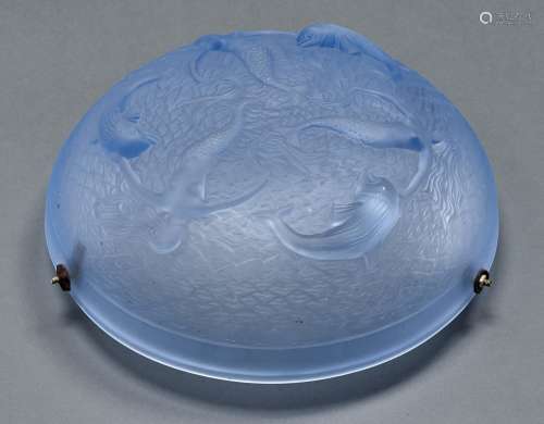 Mermaids and Dolphins. A frosted glass hanging lamp bowl, 19...