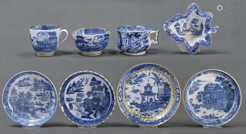 A Coalport fluted blue and white trio, c1800, printed with t...