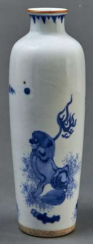 A Chinese blue and white vase, painted with a mythical beast...