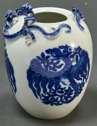 A Chinese blue and white oviform vase, applied with dragon a...