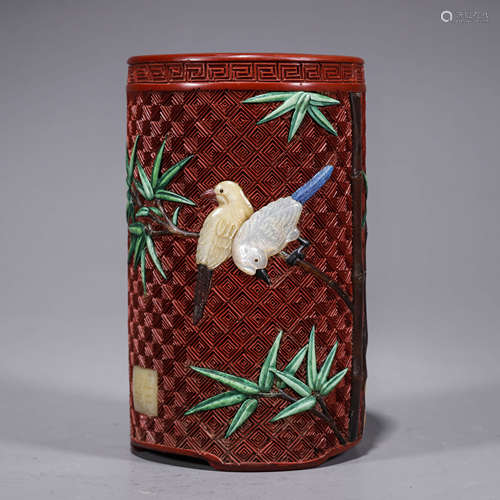 A Chinese Lacquer Gems Inlaid Brush Pot