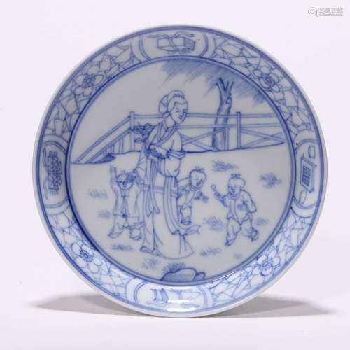 A Chinese Porcelain Blue and White Story Dish Marked Kang Xi