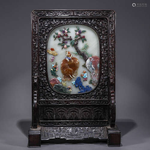 A Chinese Red Wood Gilding Table Screen Inlaid with Gems