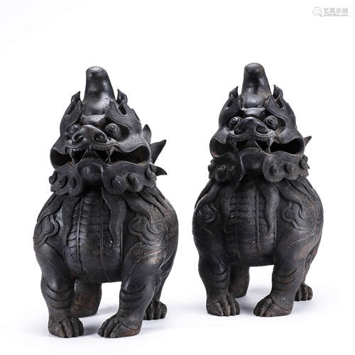 A Pair of Chinese Bronze Beast Censers