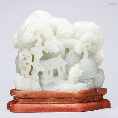 A Chinese White Jade Carving of Mountains and Poems Marked Q...