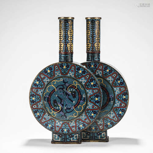 A Pair of Chinese Cloisonne Enamel Dragon Vases Marked Qian ...