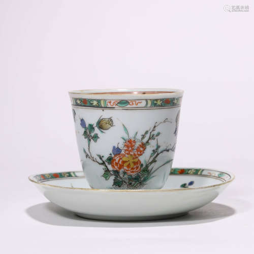 A Set of Chinese Porcelain Wucai Floral Cups and Holders