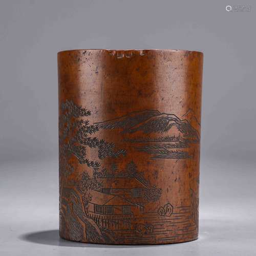 A Chinese Boxwood Mountain and River Brush Pot Marked Fang C...