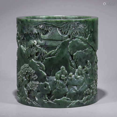 A Chinese Spinich-Green Jade Pines and Scholars Brush Pot Ma...