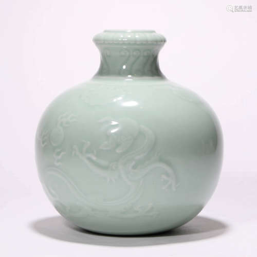 A Chinese Porcelain Celadon-Glazed Dragon Wine Vessel Marked...