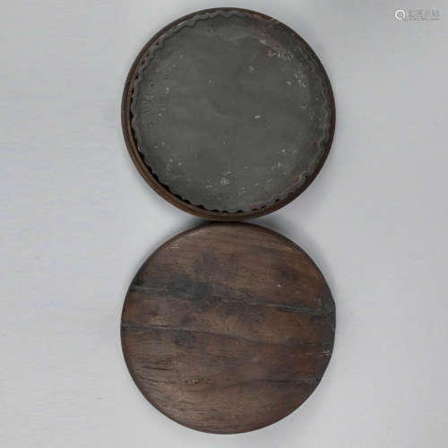 A Chinese Stone Mirror and Redwood Box and Cover Marked Qian...