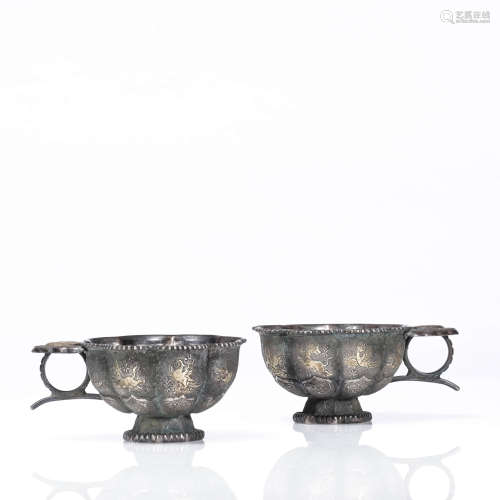 A Pair of Chinese Silver Bird and Beast Cups