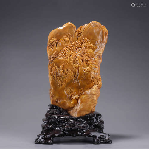 A Chinese Yellow Stone Carving of Mountains and Rivers and S...