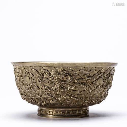 A Chinese Gilt-Bronze Dragon and Seawaves Bowl