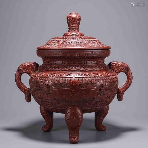 A Chinese Cinnabar Beast Tripot Censer Marked Kang Xi