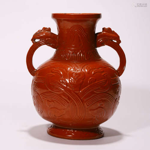 A Chinese Porcelain Red-Glazed Phoenix Vase