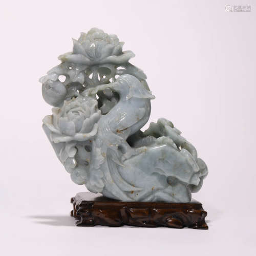 A Chinese Jadiete Bird and Floral Carving and Stand