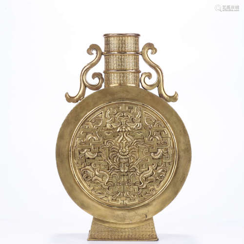 A Chinese Gilt-Bronze Kuilong Carving Moonflask
