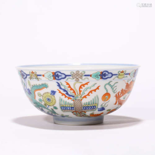 A Chinese Porcelain Wucai Phoenix and Dragon Bowl Marked Gua...