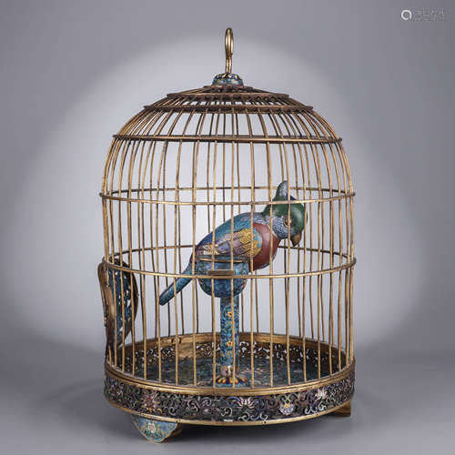 A Chinese Cloisonne Enamel Bird and Cage Marked Qian Long