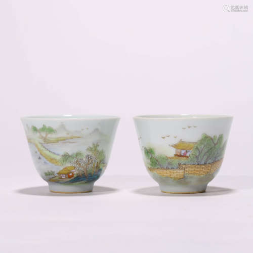 A Pair of Chinese Porcelain Famille-Rose Cups Marked Qian Lo...