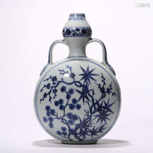 A Chinese Porcelain Blue and White Floral Moonflask Marked X...