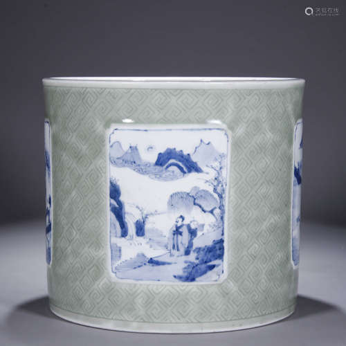 A Chinese Porcelain Blue and White Mountain and River Brush ...