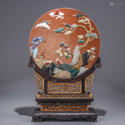 A Chinese Glass Table Screen Inlaid with Gems and Zitan Stan...