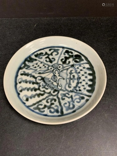 Blue and white plate with dragon image