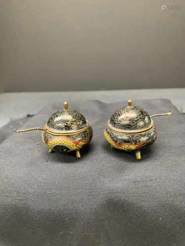 Pair of cloisonne salt and pepper containers