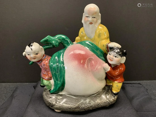 Porcelain sculpture- kids with a peach and an old man