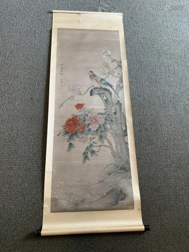 Chinese watercolor on silk - birds and flowers - signed