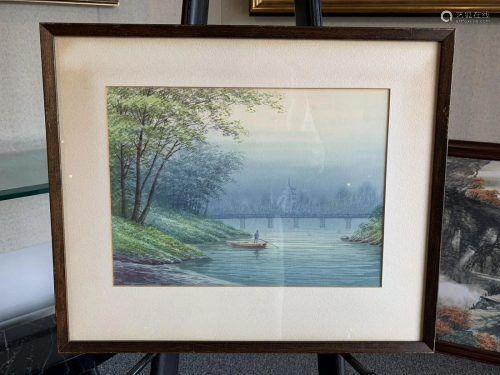 Framed watercolor -man on boat
