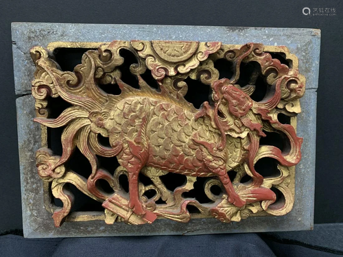 Chinese carved wood panel with Qi lin