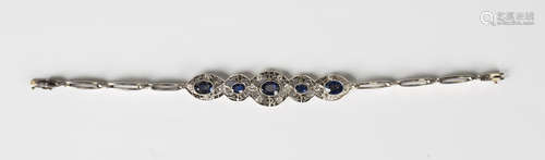 A sapphire and diamond bracelet, circa 1940s, the front moun...