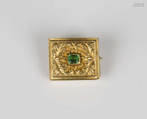 A gold and green paste set rectangular brooch, the central g...