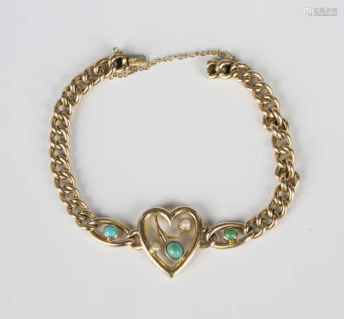 A gold, turquoise and cultured pearl bracelet in a curblink ...