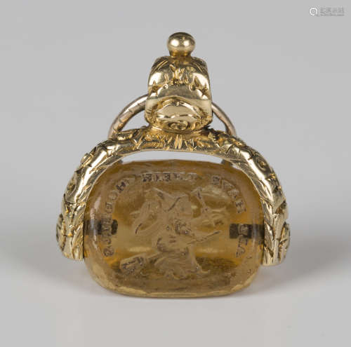 A Victorian gold mounted citrine triple sided rotating fob s...