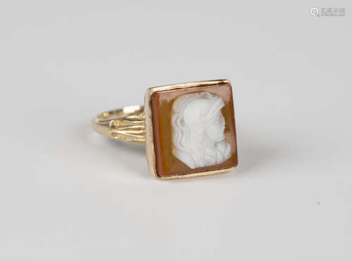 A 9ct gold ring, mounted with a square agate cameo designed ...
