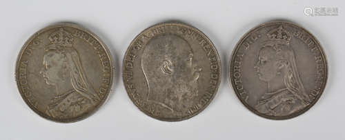 Two Victoria Jubilee Head crowns, 1888 and 1889, and an Edwa...
