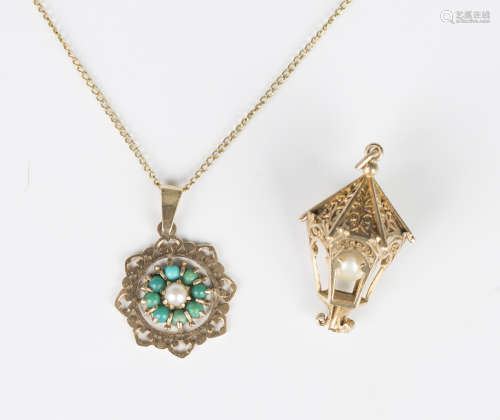 A 9ct gold, turquoise and cultured pearl pendant, Birmingham...