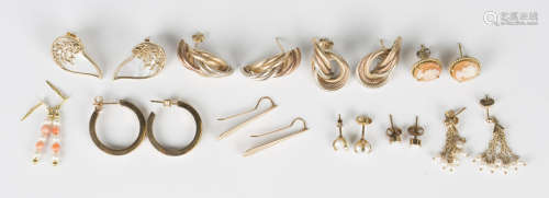 Ten pairs of 9ct gold earrings, including a pair of shell ca...