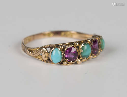 A Victorian 12ct gold, turquoise and garnet three stone ring...