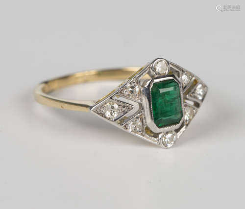 A gold, emerald and diamond ring, collet set with the cut co...