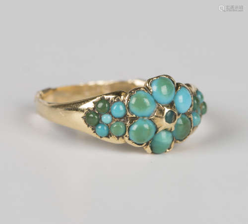 A Victorian gold and turquoise cluster ring with turquoise c...