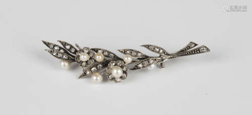 A diamond and cultured pearl brooch, designed as a floral an...