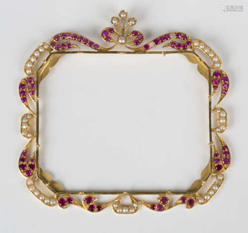 An Asian gold, ruby and cultured pearl frame of shaped recta...