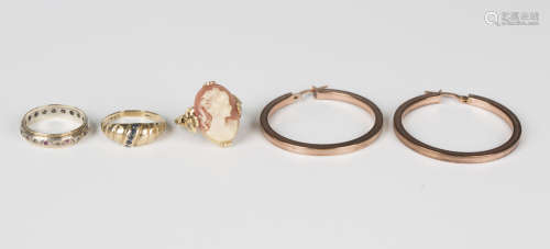A pair of 9ct gold hoop shaped earrings, weight 3.4g, diamet...