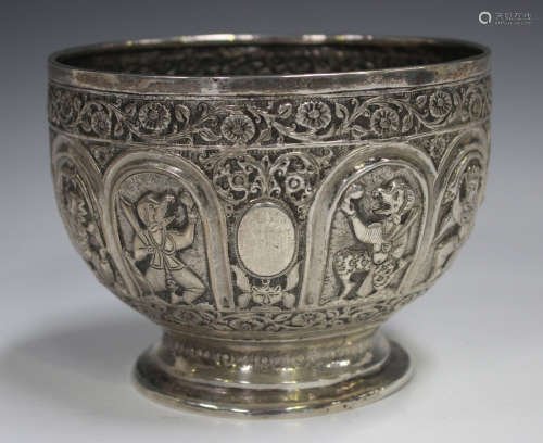A late 19th century Burmese silver rose bowl, the body decor...